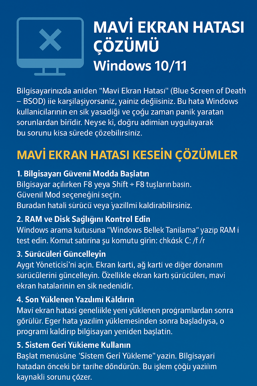 🖥️ Mavi Ekran Hatası (Blue Screen) Çözümü – Windows 10/11